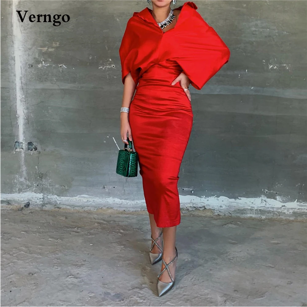 

Verngo Simple Red Satin Sheath Evening Party Dresses With Half Cape Sleeves Tea Length Women Evening Gowns Women Party Wear