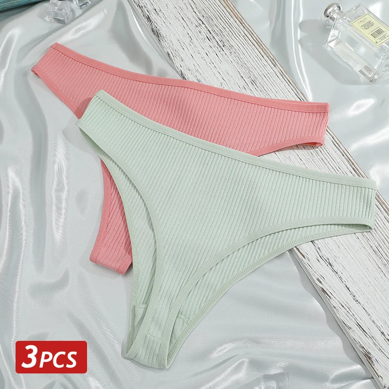 3PCS/Set Women Cotton Panties Sexy G-String Thongs Underwear Ladies Ribbed Comfortable Bikini Female Solid Color Soft Lingerie