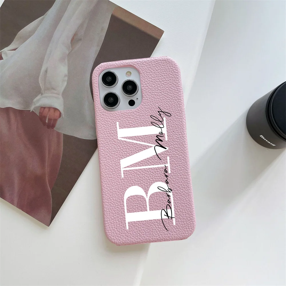 Personalise Initial Name Letter Leather Hard Phone Case For iPhone 17 16 15 14 13 12 11 Pro Max XR Plus Luxury Custom Back Cover