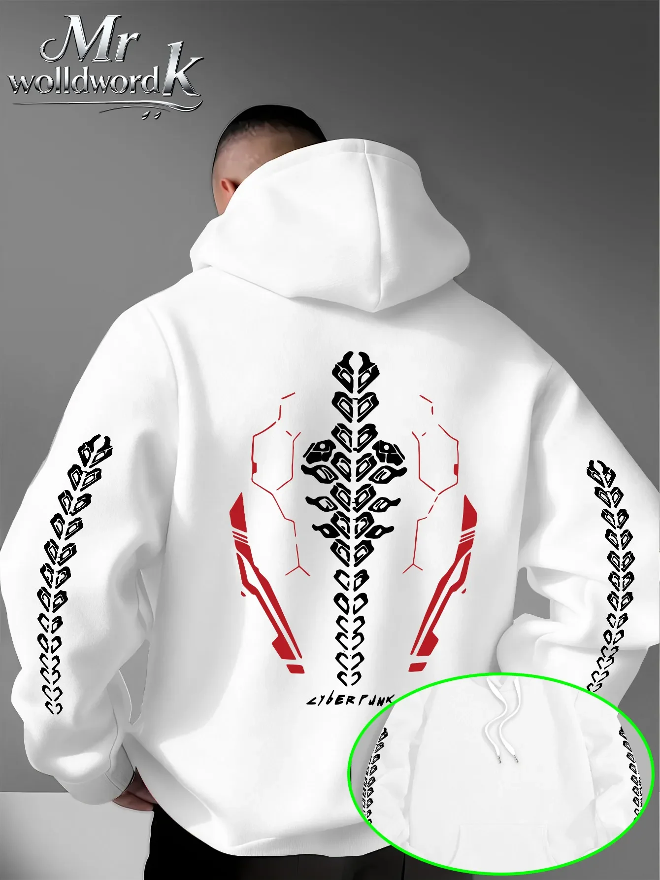 Men Cyber Mechanical Skeleton Hoodie Chain Pattern Sleeve Back Multi‑Print Hooded Sweatshirt Autumn Winter Fleece Loose Hoodie