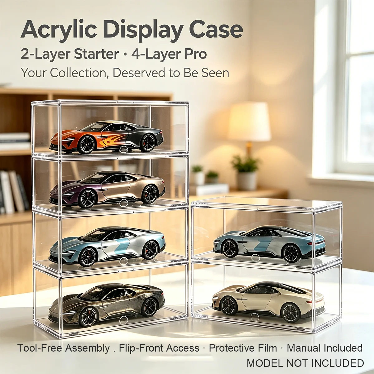Acrylic Display Box｜2-Layer Starter · 4-Layer Pro｜Tool-Free Assembly｜For 1:32 Diecast Cars, Figures & Collectibles