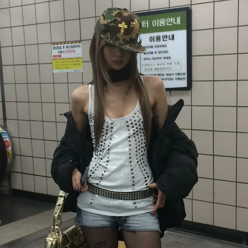 Karrram Japanese Y2k Sequin Tank Top Trashy 2000s Metal Print Tanktop Vintage Harajuku Sleeveless Top American Retro Streetwear