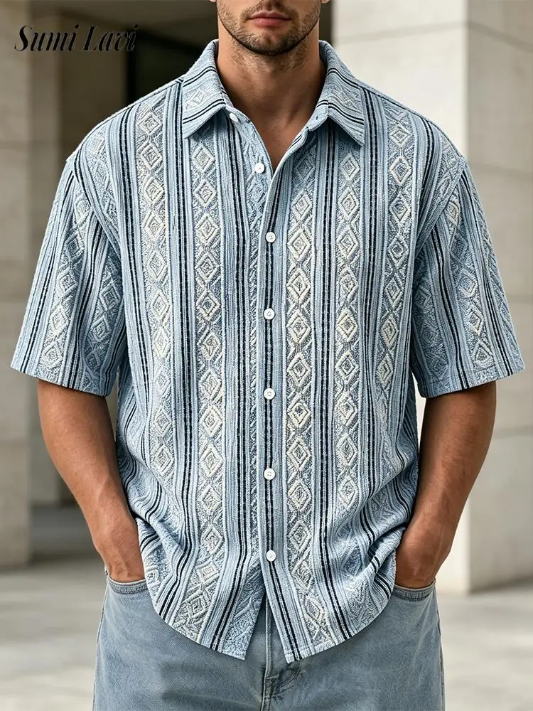 Vintage Men Knit Short Sleeve Shirt Fall Single Breasted Striped Pattern Turn-down Collar Daily Casual Mens Knitted Tops Men