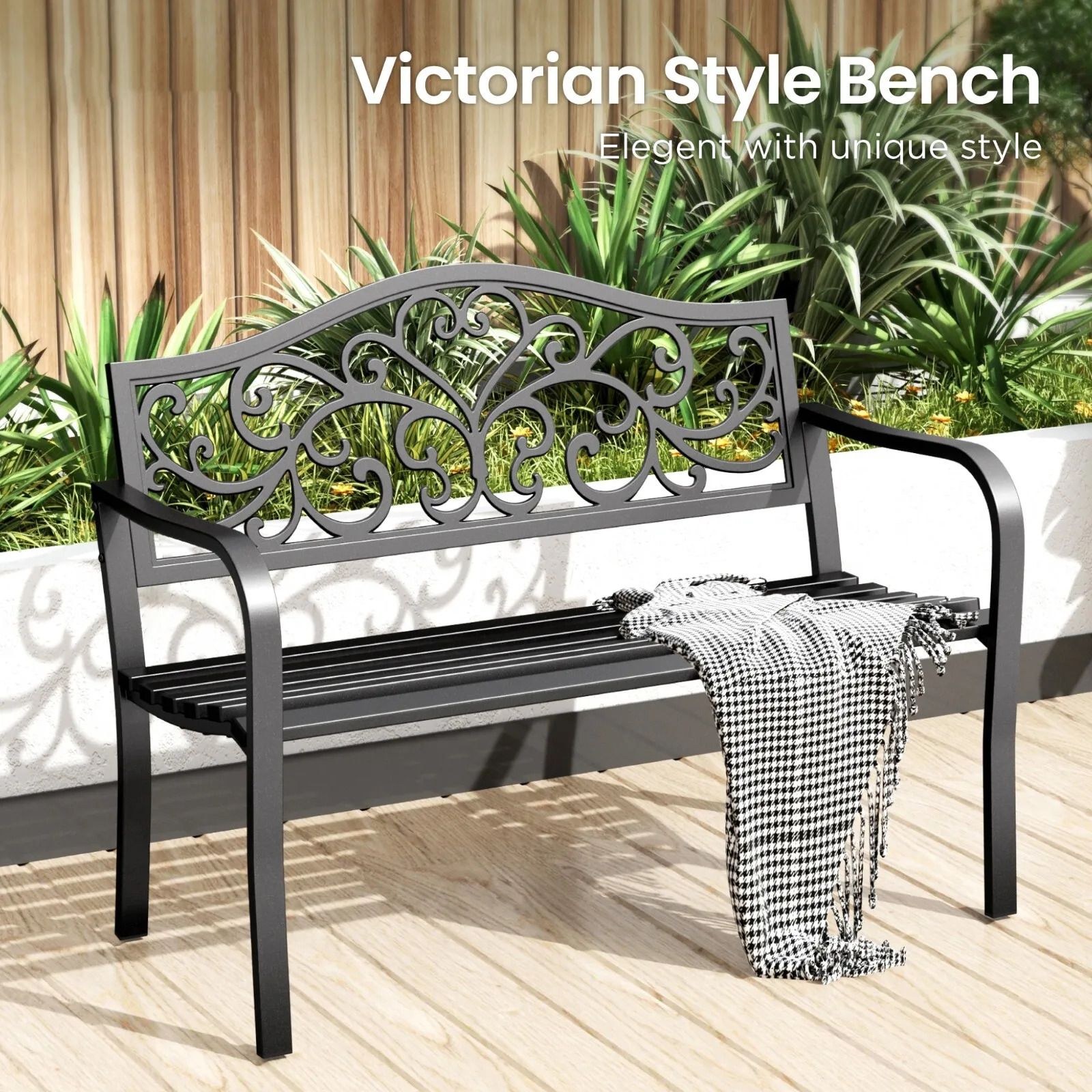 

Garden Bench Metal Patio Bench Outdoor Porch Park Bench Cast Iron Sturdy Steel