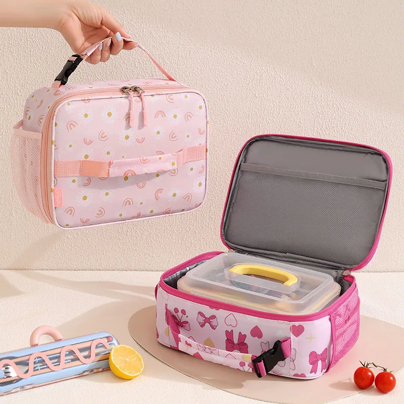 Niedliche, rosa Schleifen-Lunchtasche für Kinder – wärmeisolierende und kühlende Tasche – tragbare Handtasche – für den Schulgebrauch. – Detail 2