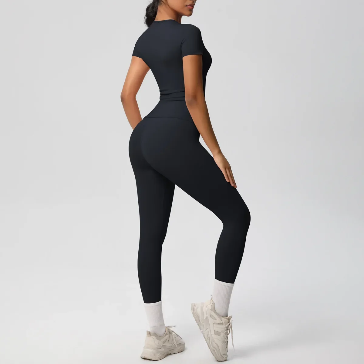 Seamless Yoga Set Sports Fitness Hip-lifting Skinny Double-sided Polished Short-sleeves Suit Workout Gym Tracksuit for Women