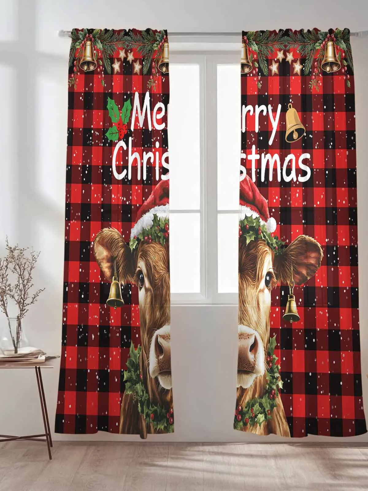 

Christmas Plaid Bell Star Animal Tulle Sheer Curtains for Living Room Bedroom Kitchen Decoration Voile Organza Curtains