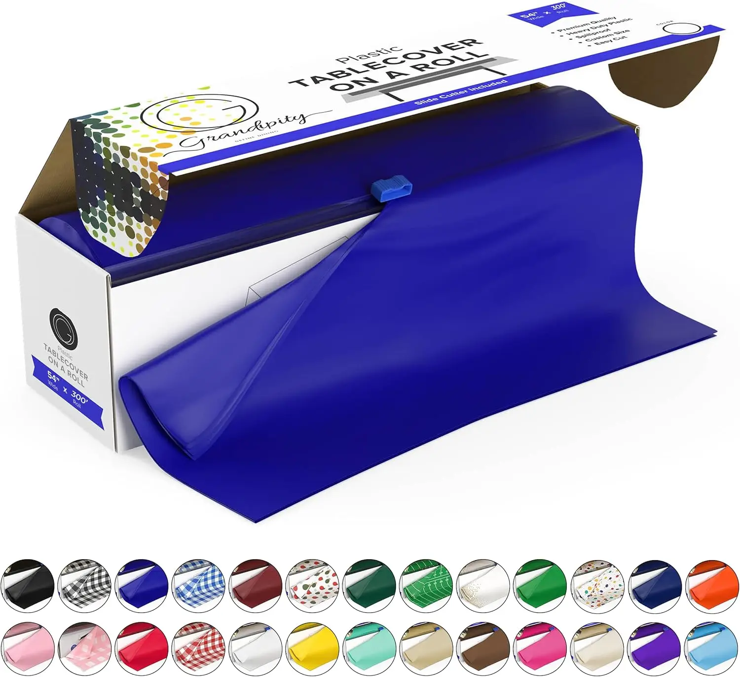 

Plastic Tablecloth Roll - 54in x 300 Ft. Blue Plastic Table Cloths for Parties Disposable with Cutter Box - Cut to Size