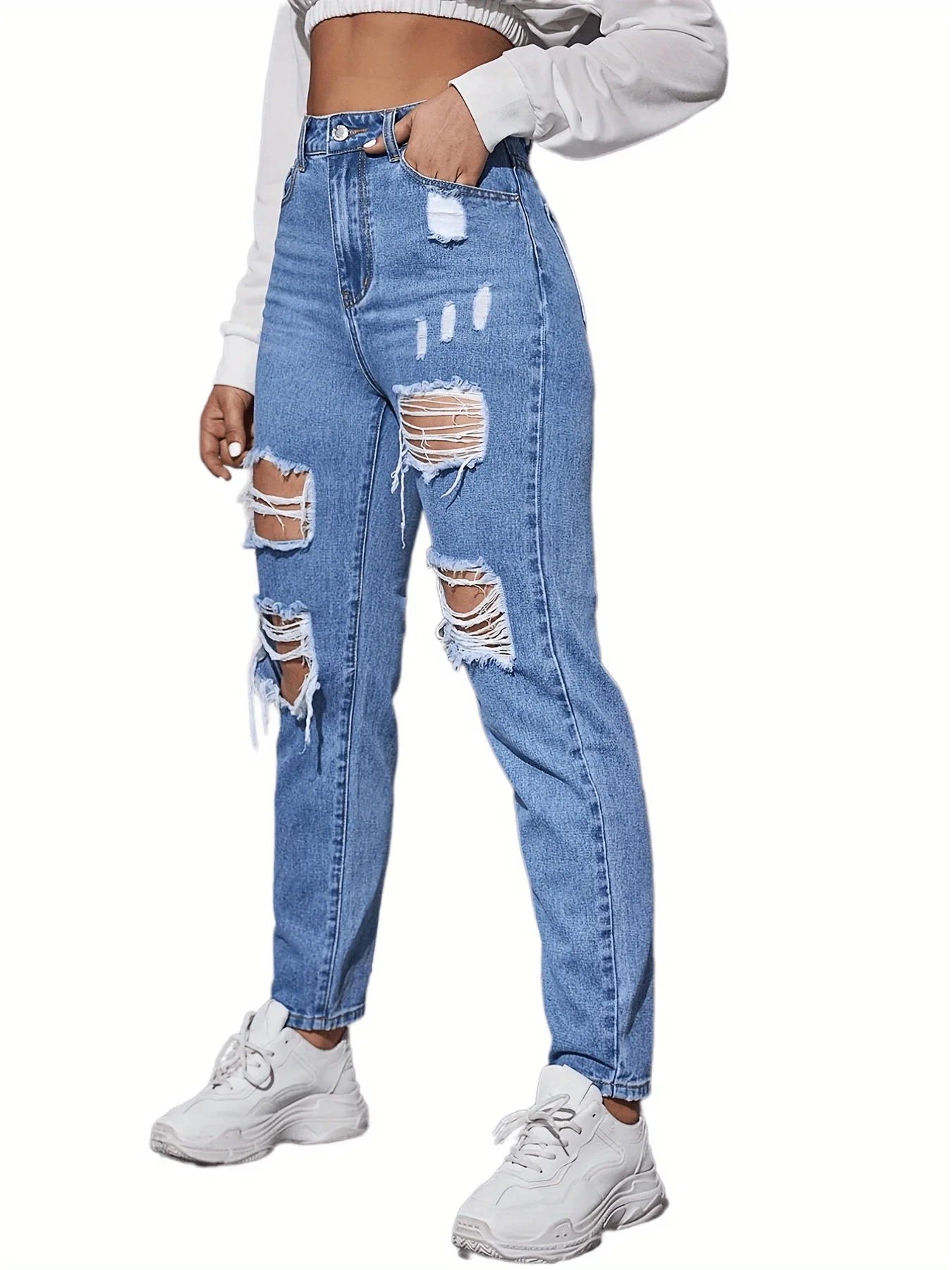 Acolchoado Holey Calças jeans femininas de cintura alta casuais para mamãe roupas jeans rasgados para mulheres jeans azuis