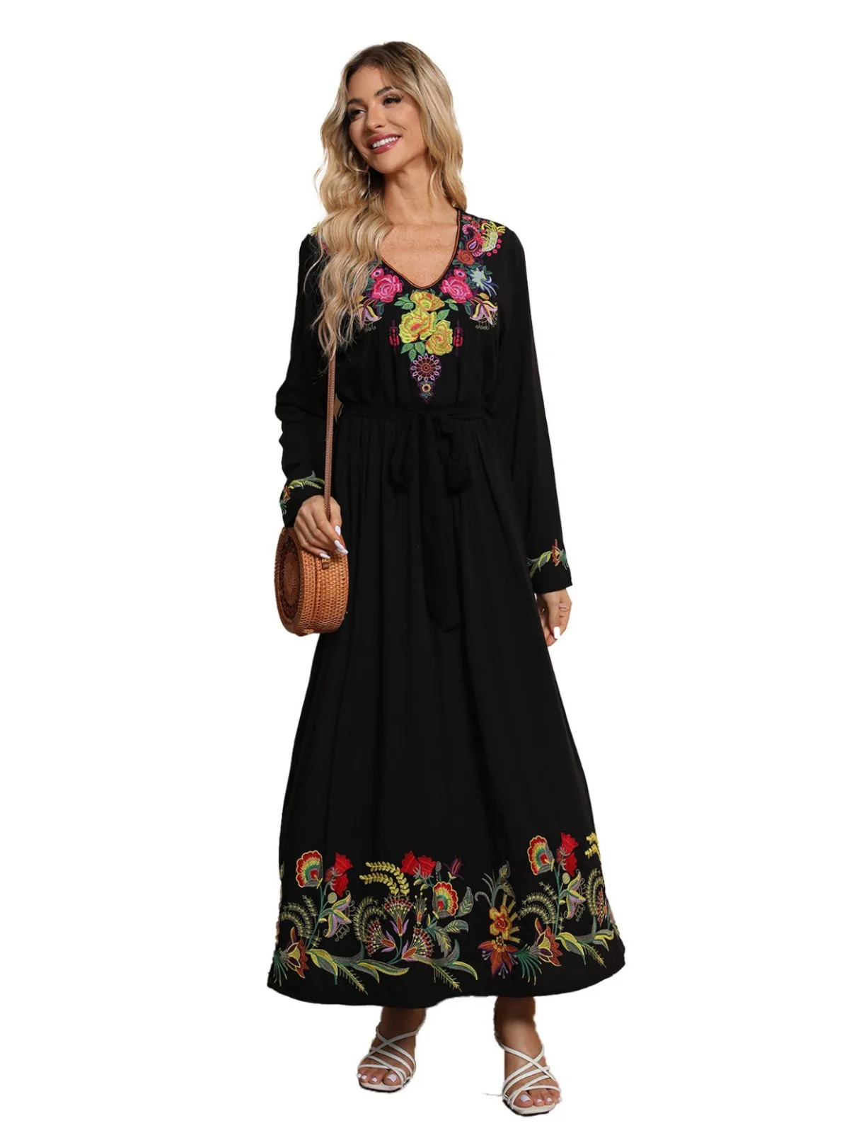 Khalee Yose Floral Embroidery Maxi Dress Spring Autumn Boho Cotton Black Harajuku Vintage Women Ladies Female 23XXL Dresses New