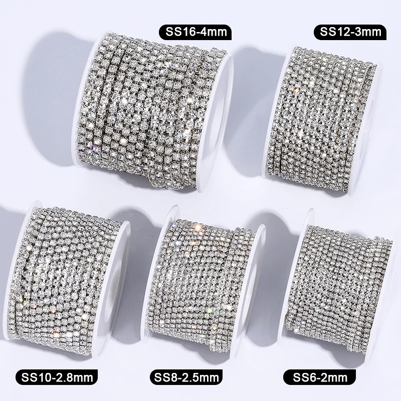10Y/Rolle Kristallkrallen-Strasskette mit Silberbasis, Kristall-Strass-Besatz zum Aufnähen für Kleidung, Schuhe, Taschen, DIY-Dekoration