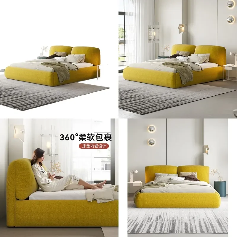 Modern Elephant Ear Upholstered Platform Bed Soft Fabric Double Frame for Master Bedroom Wedding Home Decor