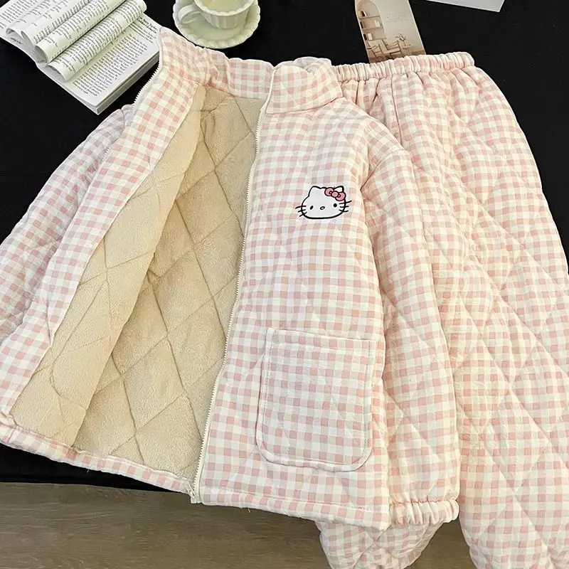 

Женский клетчатый пижамный комплект Hello Kitty из двух предметов, зимняя стеганая 3-слойная одежда для сна с подкладкой, повседневная эстетичная одежда для дома Y2K