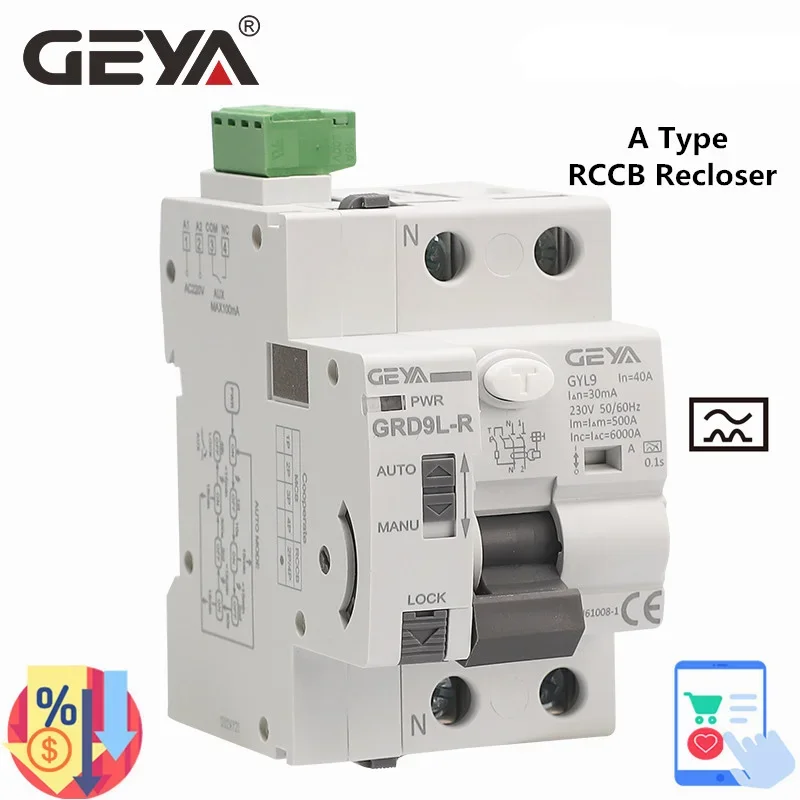 GEYA GRD9L Type A RCD Auto Recloser Differential Circuit Breaker 2P 40A 30mA 100mA 300mA Safety Switch 220V
