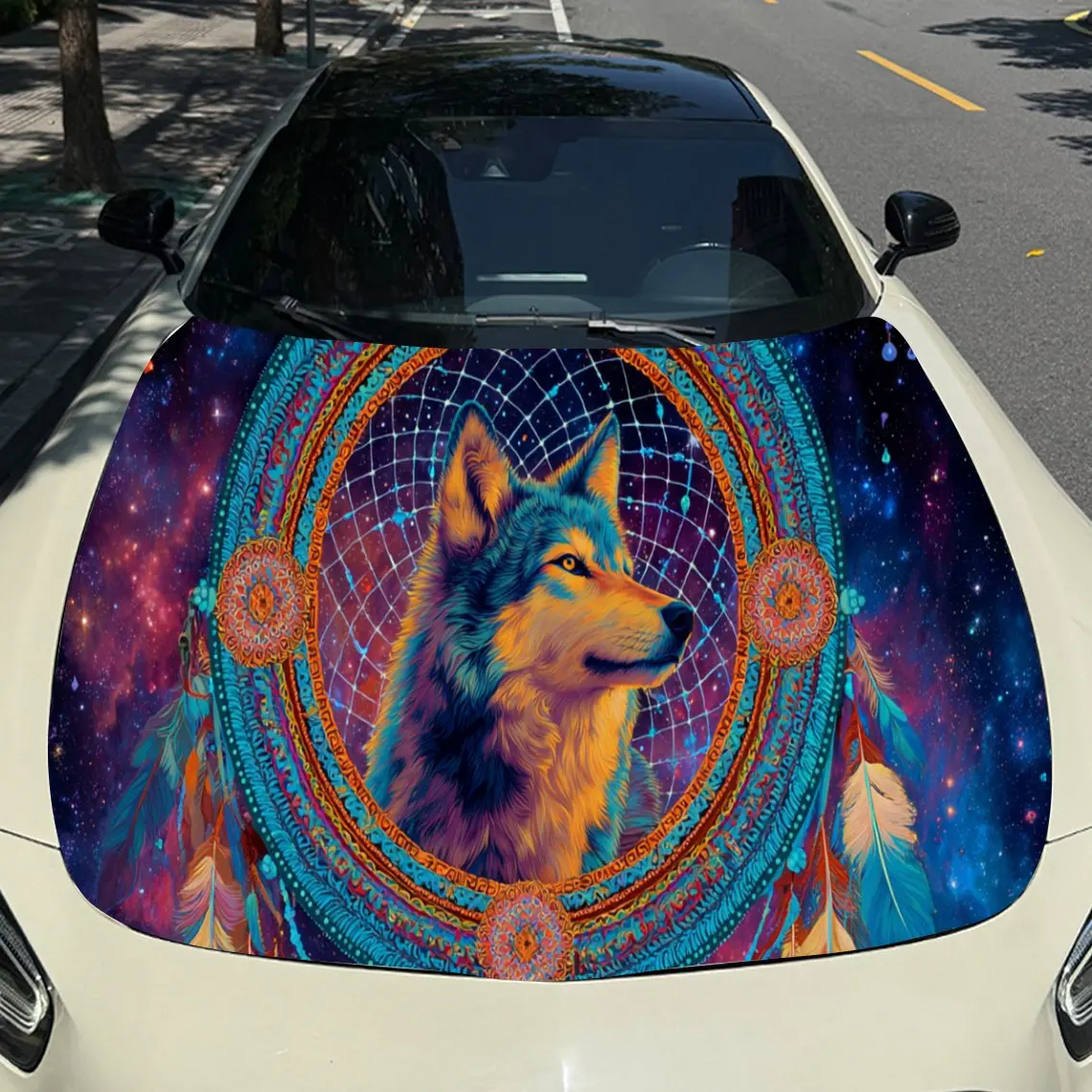 Mandala Element Dream-catcher and Wolf Car Hood Vinyl Stickers Car Surface Protection Decal Car Decoration Cover Vinyl Wraps Wat view 3