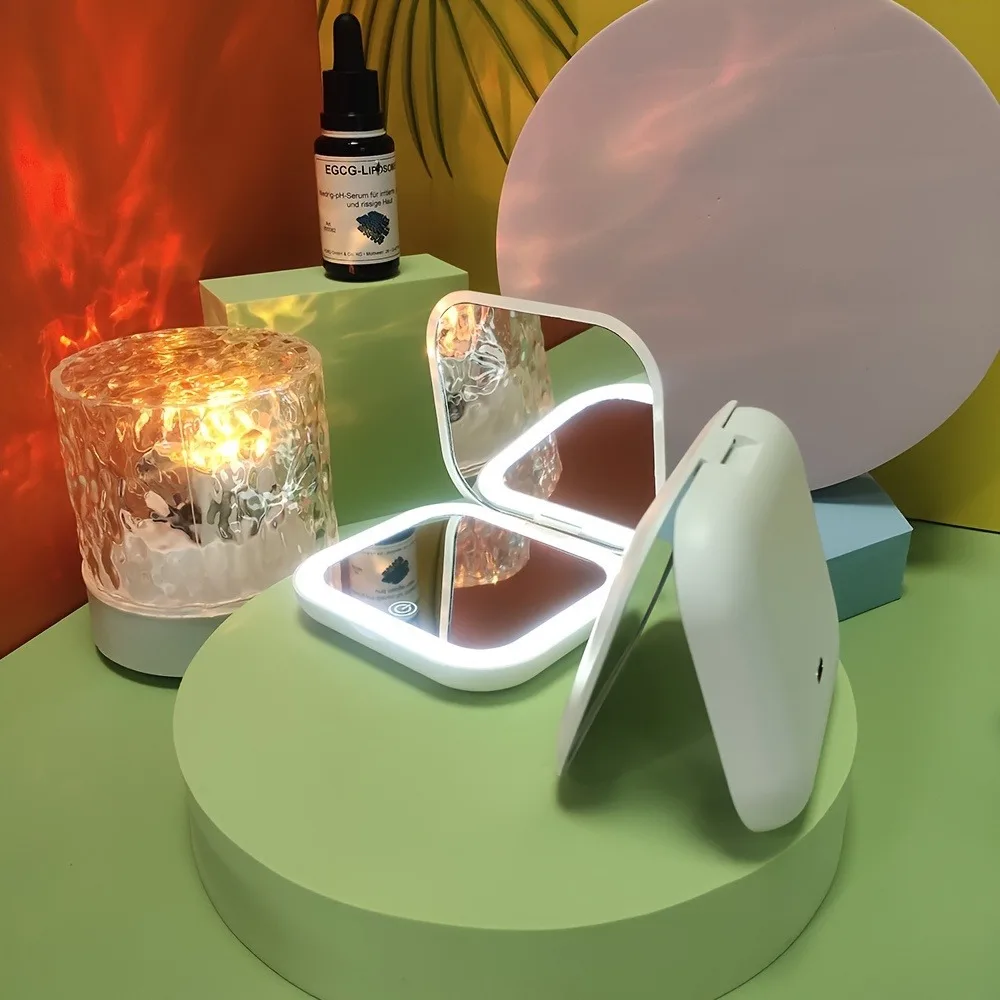 

Dual-Sided Pocket Beauty LED Light Mirror Square Shape USB Magnification Makeup Vanity Print Silver Compact Glass Compact Mirror