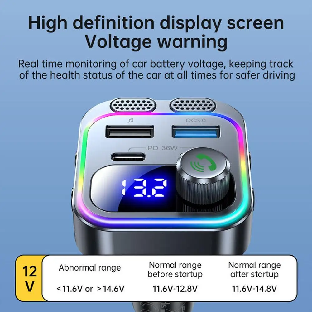 Transmissor fm bluetooth 5.3 para carro, pd 36w qc 3.0 microfone & alta fidelidade baixo som isqueiro rádio música adaptador carregador