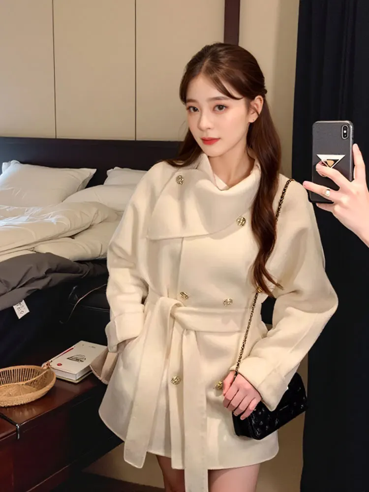 

Элегантное двустороннее шерстяное пальто в корейском стиле, приталенное, с длинными рукавами, средней длины, однотонное, модная корейская версия