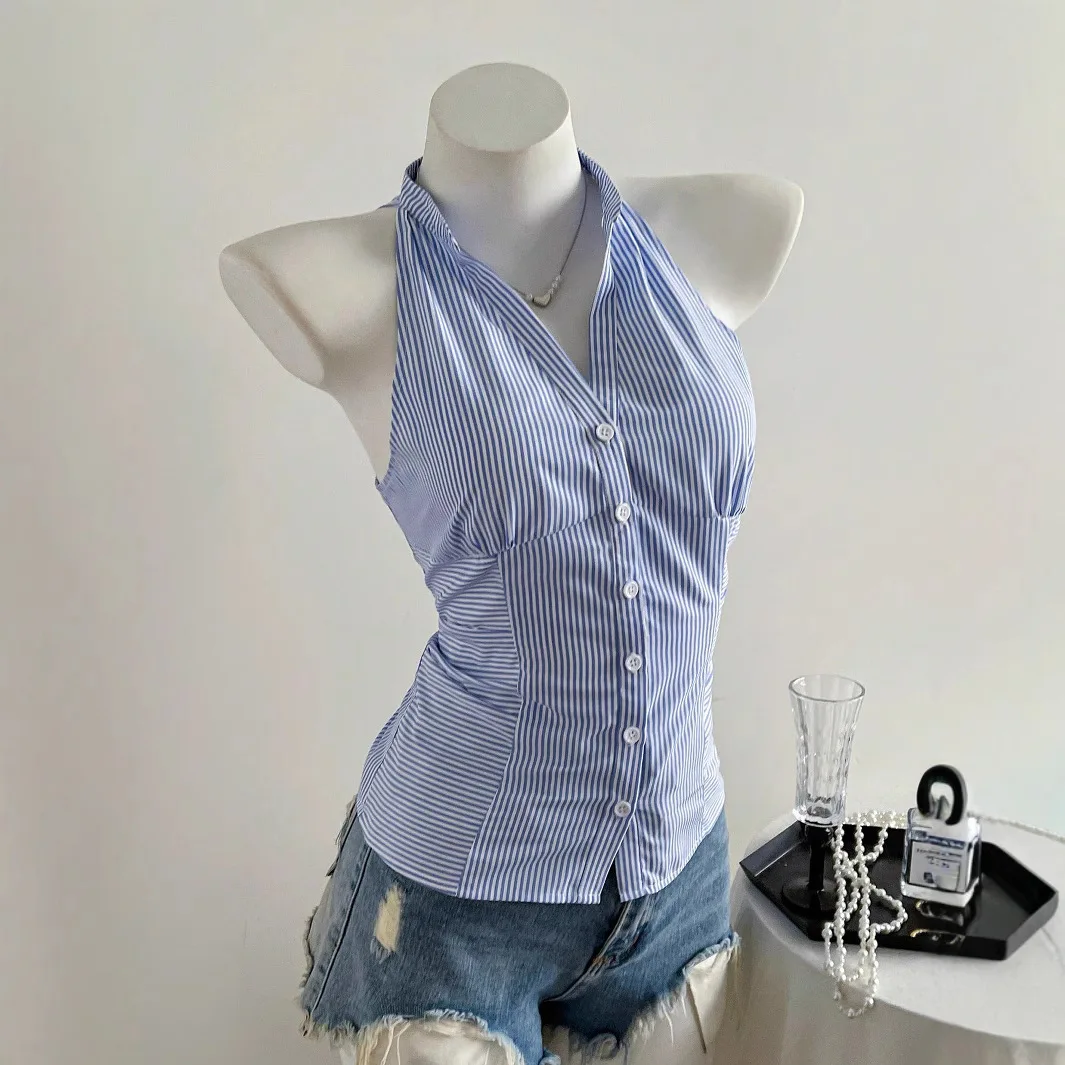 Blue and White Striped Sleeveless Shirt Top Women's Button Down Slim Fit Corset Waist Pinstripe Blouse Summer Y2K Preppy Style