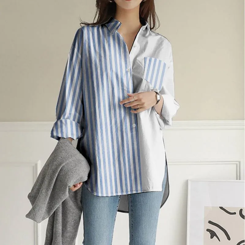 Fashion Patchwork Shirt Blouse Tops Office Lady Spring Lapel Blusa Casual Long Sleeves Shirts Womens Linen Blouse Oversized 2023