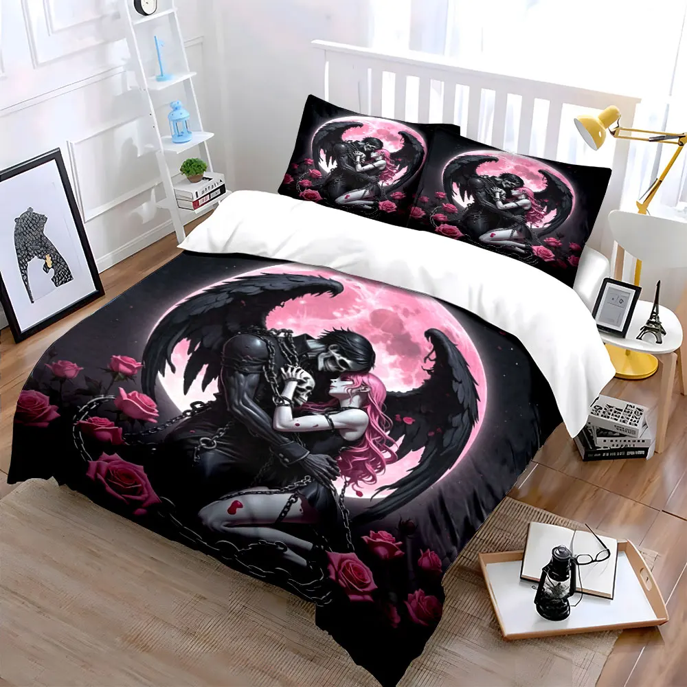 Gothic Angel&Skeleton Couple Bedding Set 3PC Pink Moon Rose Print Duvet Cover Pillowcases Black Fantasy Style for Bedroom Decor