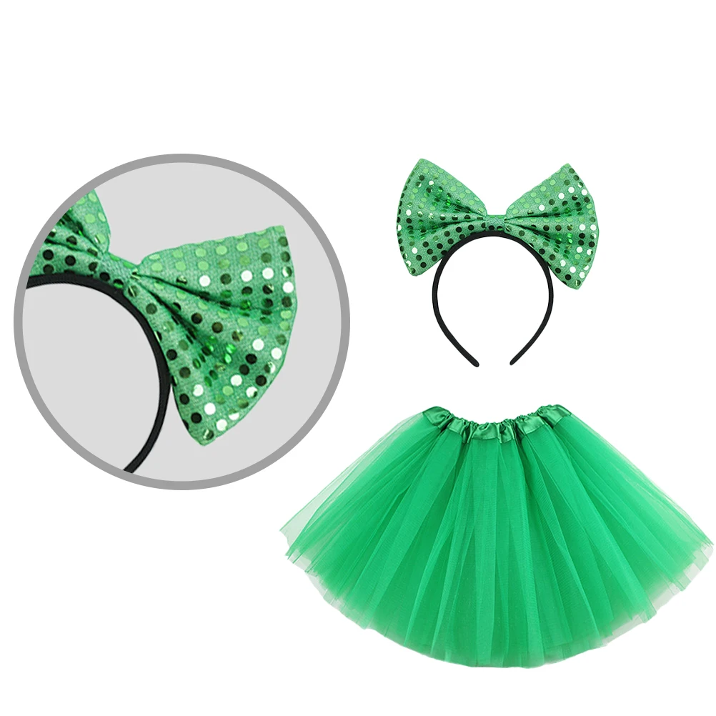 

St Patrick's Day Gauze Skirt Women Girls Party Dress Sequins Bowknot Headband Elastic Waist Three Layered Skirts