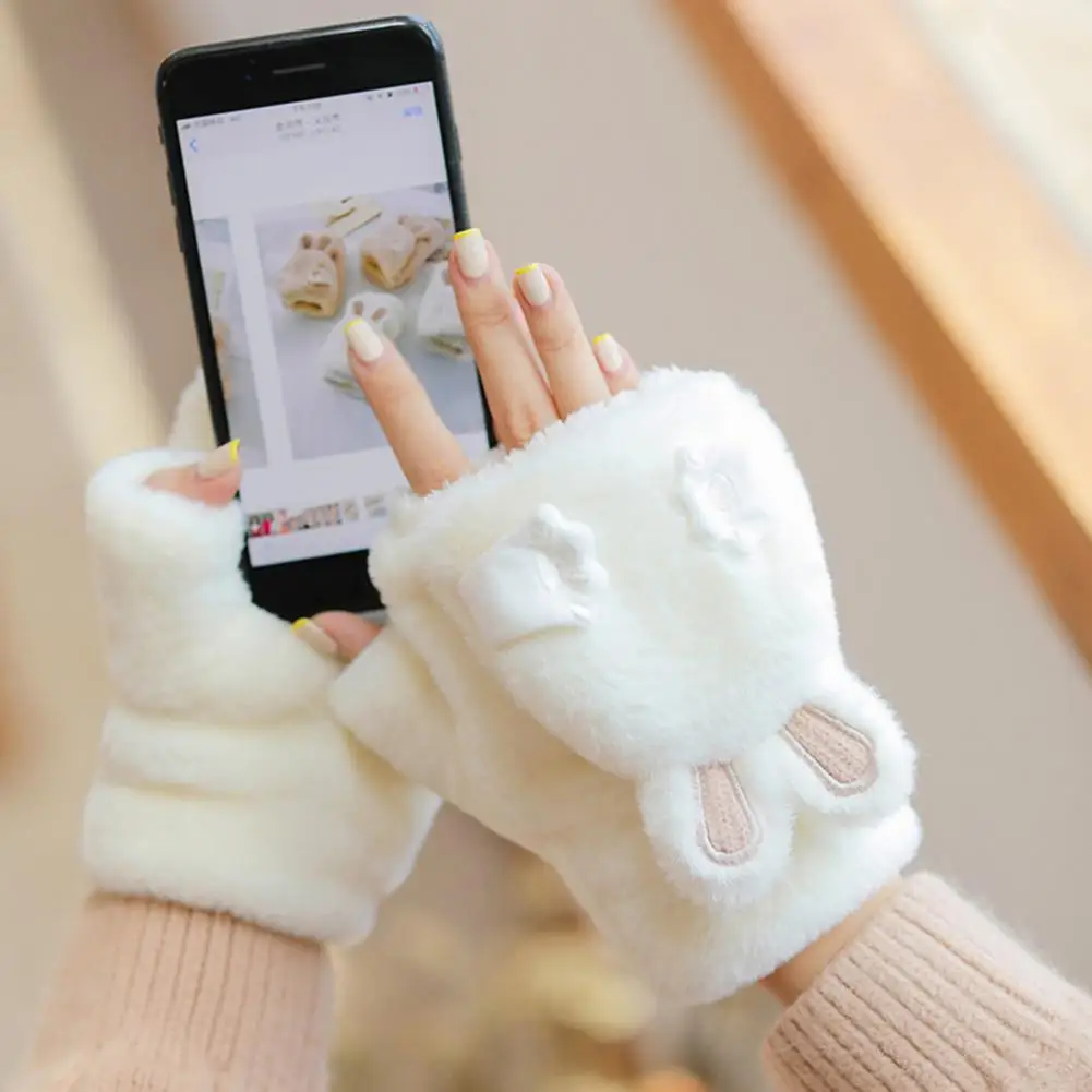 Comfy Plush Gloves for Women Women’s Plush Winter Gloves Thickened Fuzzy Rabbit Mittens Fingerless Warm Gloves for Outdoor