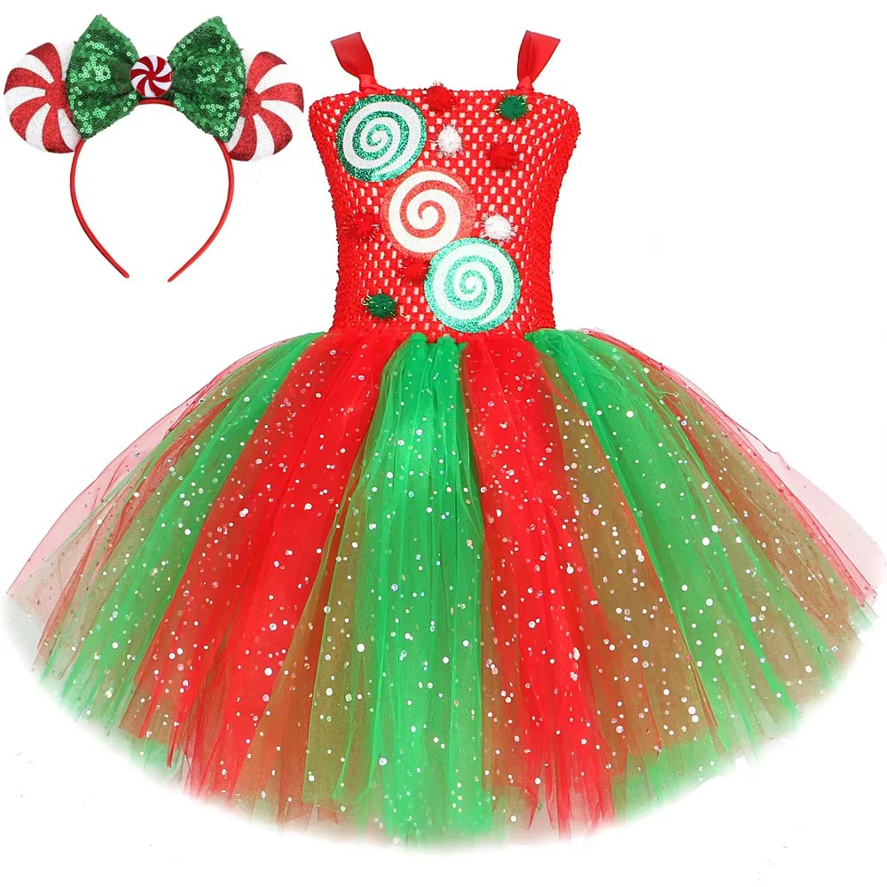 Sparkly Christmas Candy Costumes for Girls Red Green Twinkle Tulles Xmas Dresses for Kids New Years Carnival Outfit with Hairbow