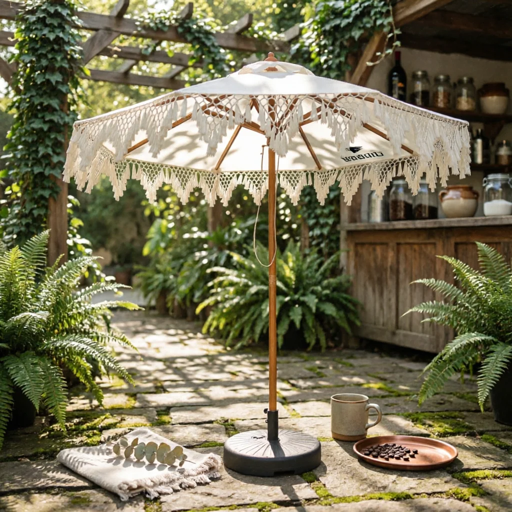 Fringed Sunshade Tassel Trim Round Sunshade Umbrella Outdoor Shade Light-Colored Sun Shelter Freestanding