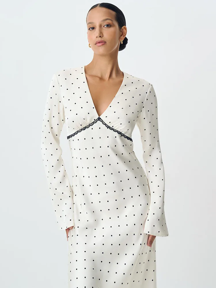 レディース 秋 Vネック 長袖 ボディコン パッチワーク クラブ パーティー イブニングドレス 新ファッション サテン 水玉模様 マキシドレス