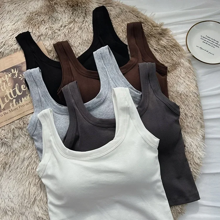 Women Cotton Chest Pad Vest One-Piece No Steel Ring Wide Shoulder Sports Yoga Vest Underwear Black White Bra Tank Top Women