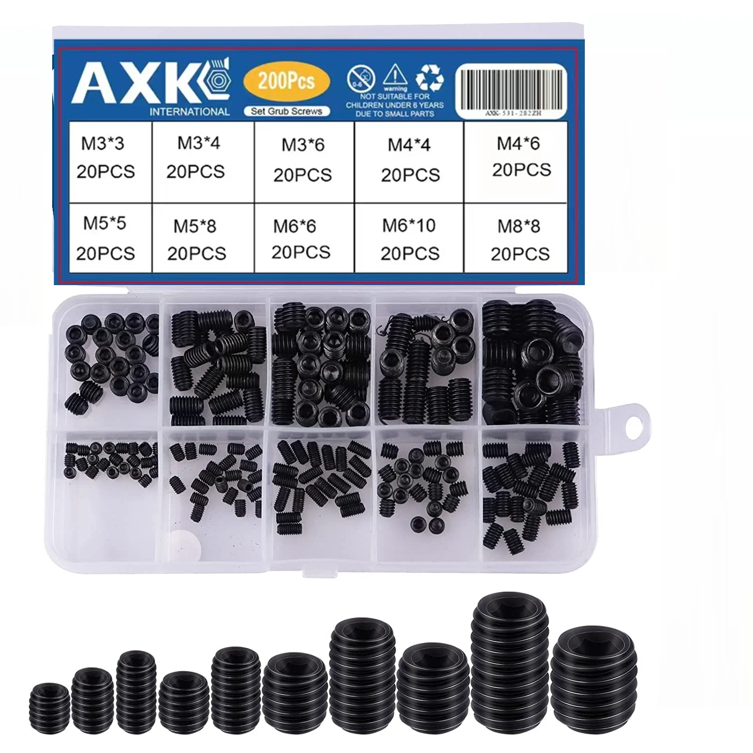 AXK 200Pcs Allen Head Socket Hex Set Grub Screw Assortment Cup Point Stainless Steel M3/M4/M5/M6/M8 With Plastic Box