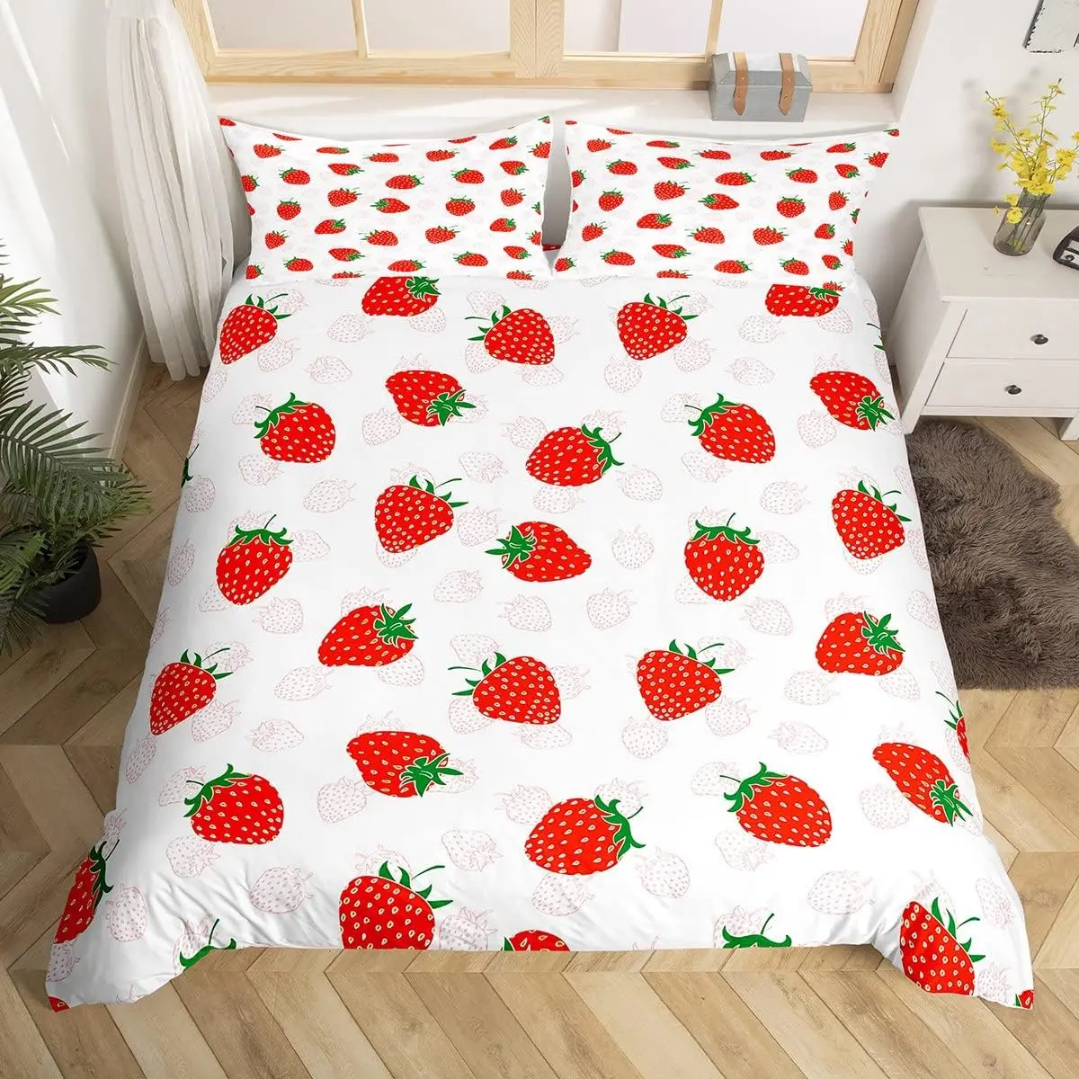 Strawberry Duvet Cover Kawaii Strawberry Bedding Set for Kids Boys Girls Cute Sweet Fruits Theme Comforter Cover Twin Queen Size