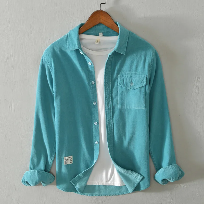 

Мужская вельветовая рубашка в японском ретро-стиле с длинными рукавами, повседневная, свободного кроя, весенне-осенняя, из чистого хлопка, в полоску, верхняя одежда