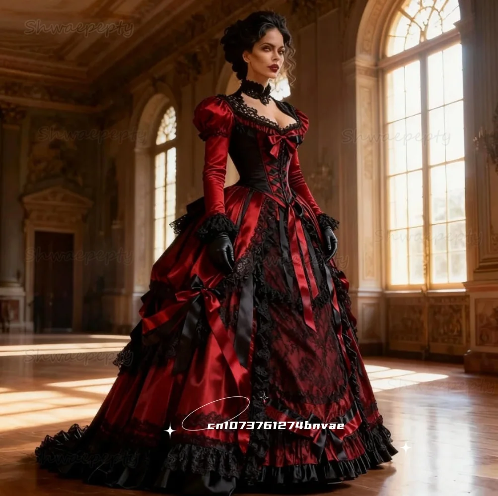 Gotisches viktorianisches Ballkleid, schwarze und rote Spitze, Rüschen, Korsett, Prinzessin, Abendkleid, individuelles Vintage-Maskeradekostüm