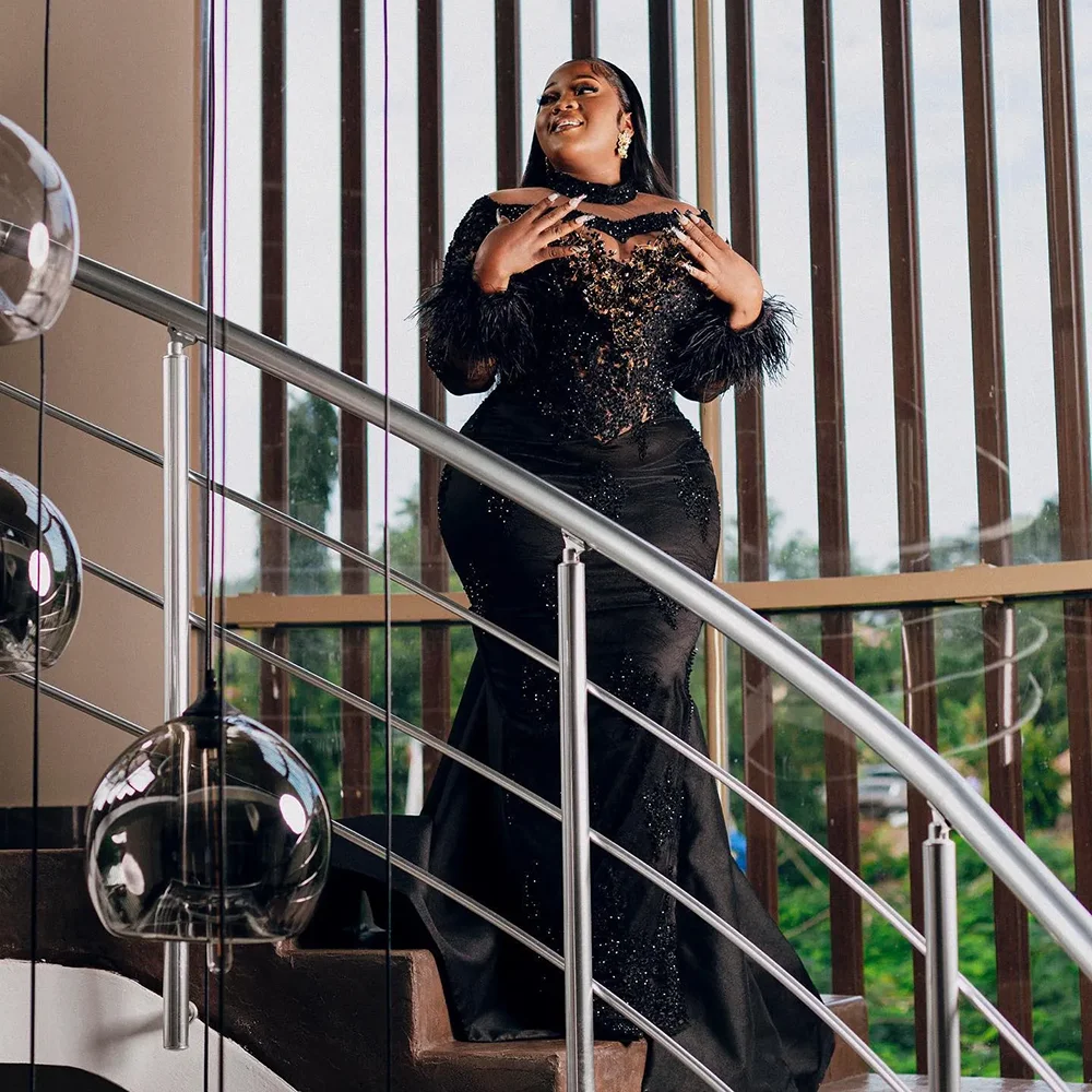 Plus Size Prom Dresses for Black Women Prom dress High Neck Feathered Long Sleeves Beaded Appliqued Lace Birthday Dress Second