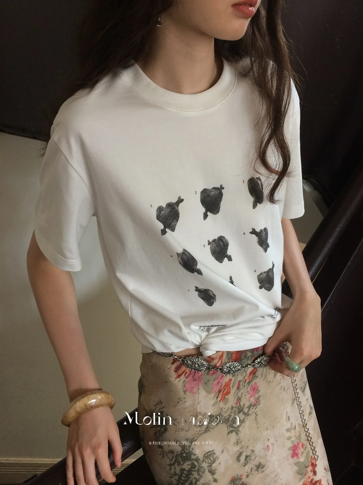 

Molin Artistic Aesthetic Faionable id Pattern Letter Print Pure Cotton ort Sve T-irt Summer Casual round Ne Top