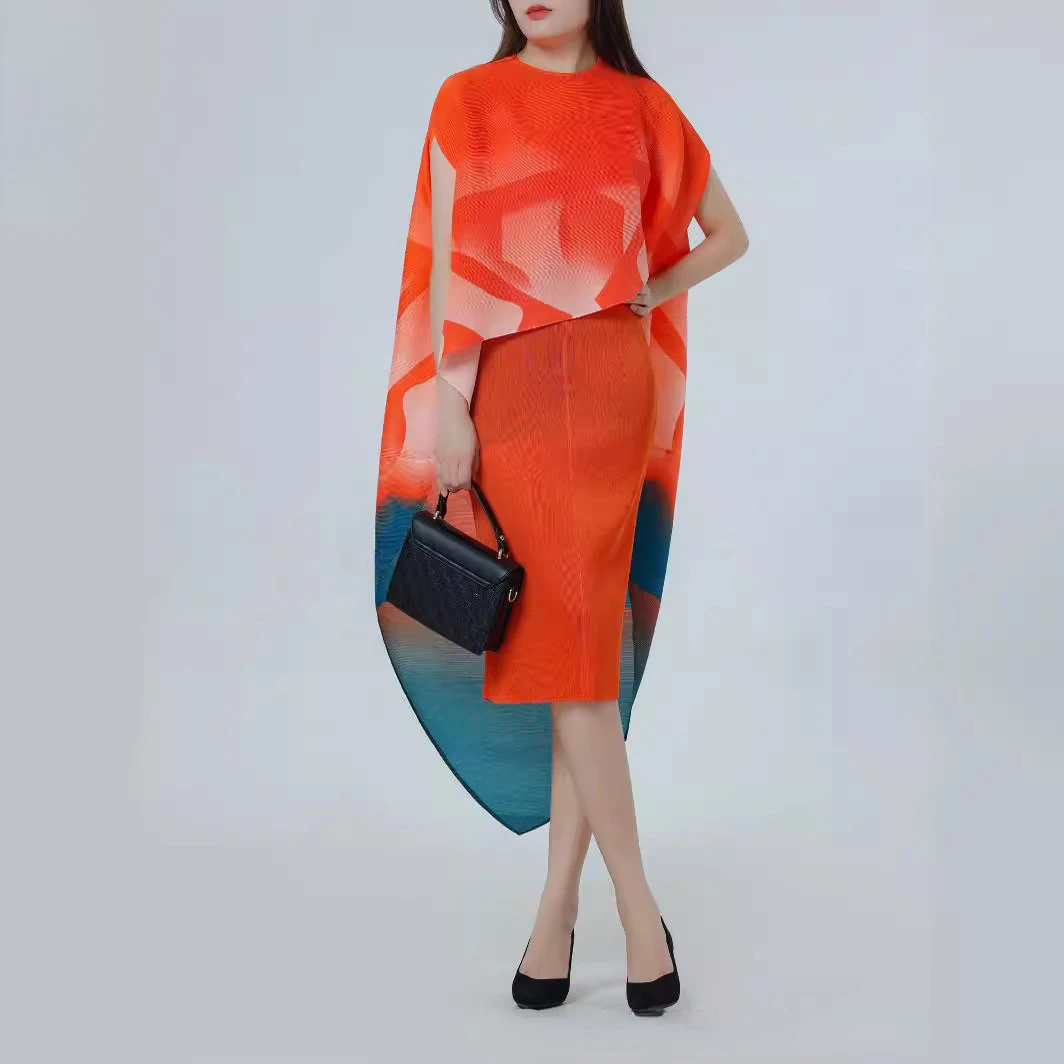 

Плиссированная однотонная Свободная юбка ALSEY Miyake, длинное платье, плиссированная накидка без рукавов с принтом, комплект из двух предметов, Новинка лета 2024