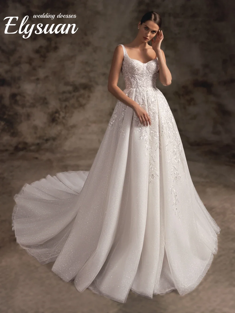 Customized 2026 Glitter A-line Tulle Long Bride Robe Elegant Spaghetti Straps Bridal Gown Sexy High Slit Weddding Dresswes Robe