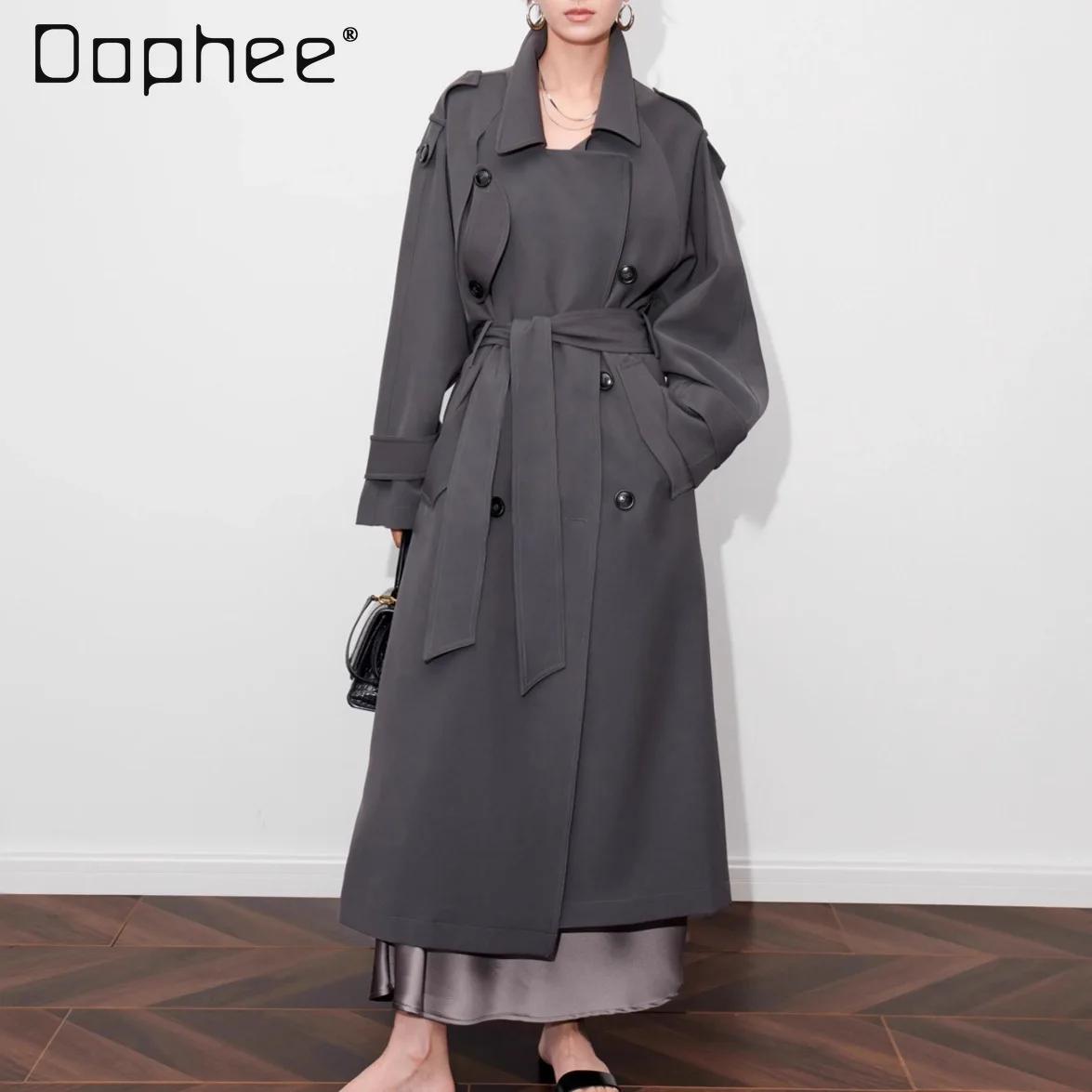 

British Style Elegant Fashion Double-Breasted Lace-Up Trench Coat for Women Autumn Commuter Fashion Loose Oversized Trench