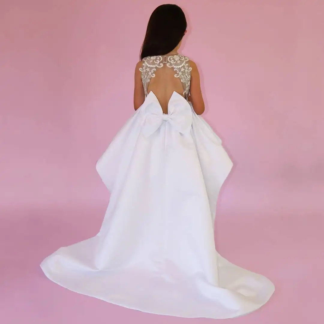 Prinzessinnen-Blumenmädchenkleid für Hochzeiten Ärmellos Spitze mit Schleife High-Low-Stil Kinder Geburtstagsfeier Erstkommunion Kleider Maßanfertigung