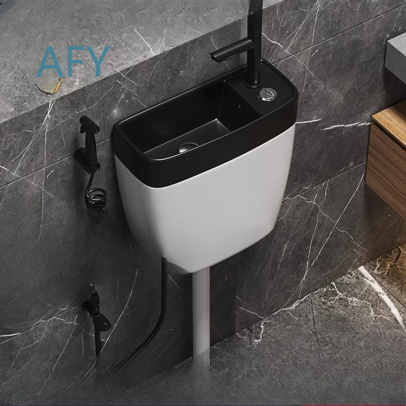 Full Ceramic Squat Toilet with Integrated Wash Basin and Flush Tank for Household Bathroom Use Water Saving Low Profile Floor