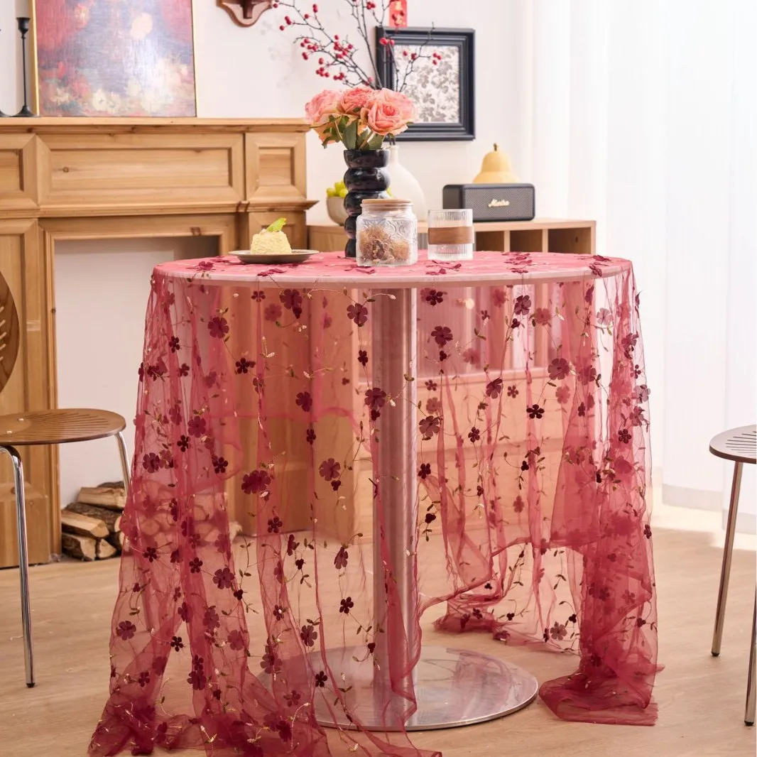 Romantic Floral Embroidered Lace Tulle Tablecloth Transparent Mesh Table Cloth Cover for Wedding Birthday Party Coffee Decor