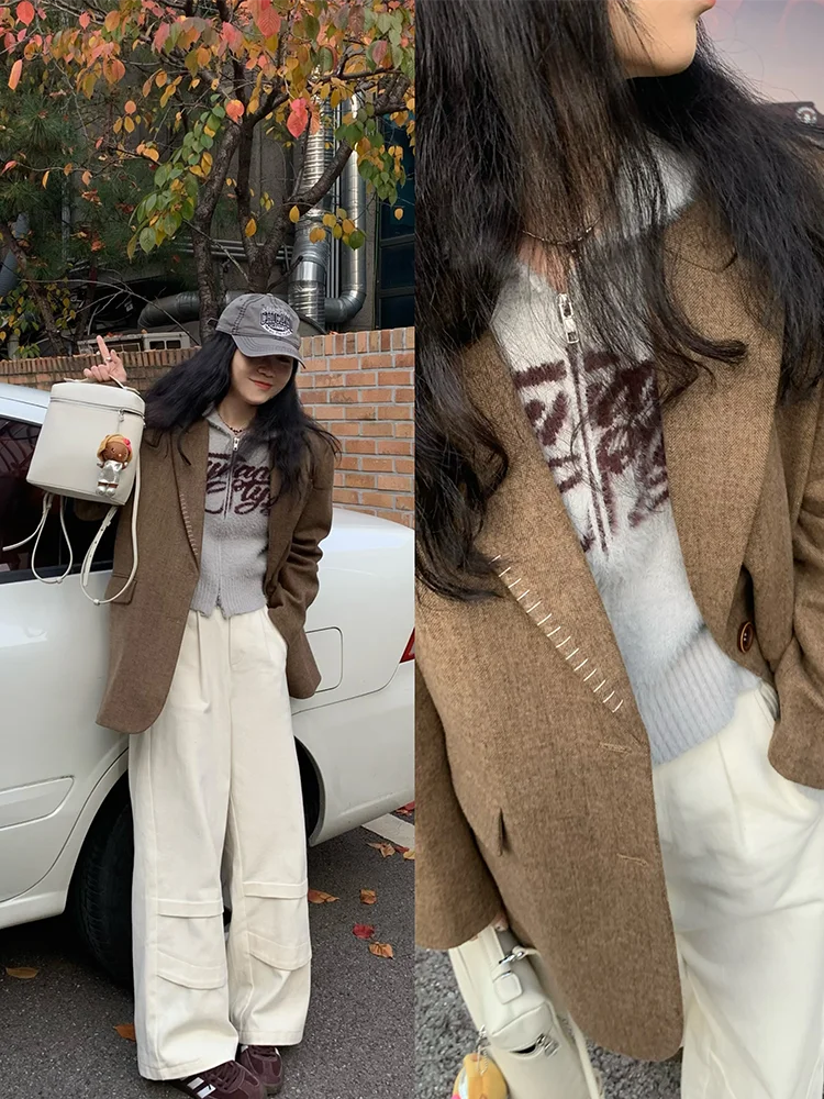 

Шерстяной костюм ручной работы с узором «елочка» из хлопка Rouhop с линейной записью изображения Thiened Хлопковое шерстяное пальто