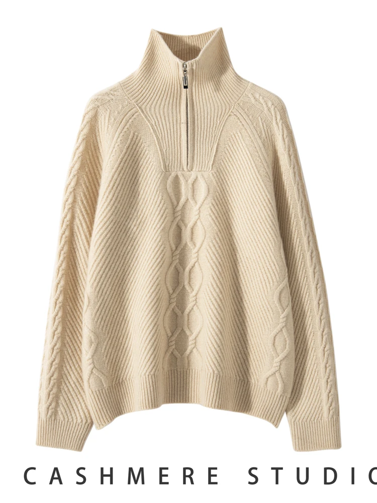 

100% Cashmere Sweater Turtleneck Zipper Pullover Sweater Autumn Winter Thick High Quality Simple Design Knitwear Tops
