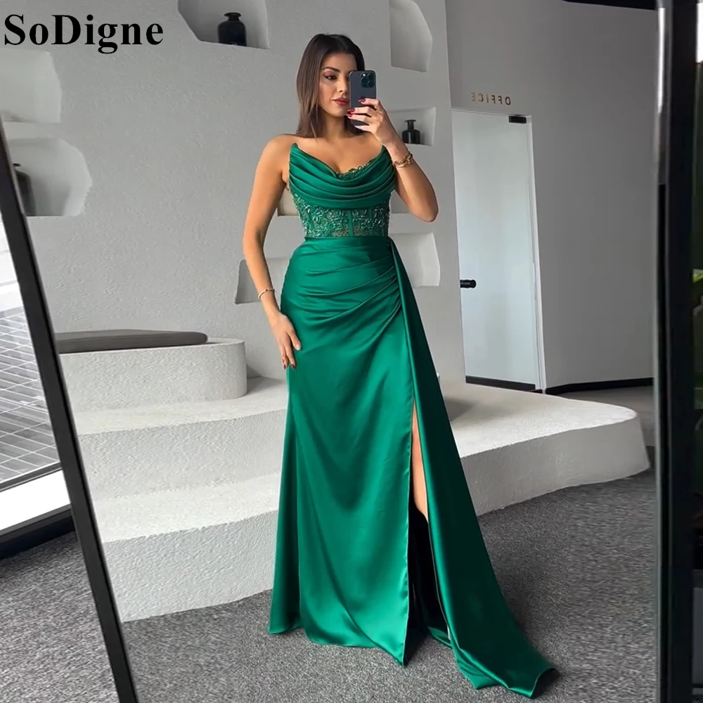 

SoDigne Elegant Green Satin Evening Dresses Mermaid Strapless Beading Side Slit Appliques Party Dress Sexy Prom Gowns Customized