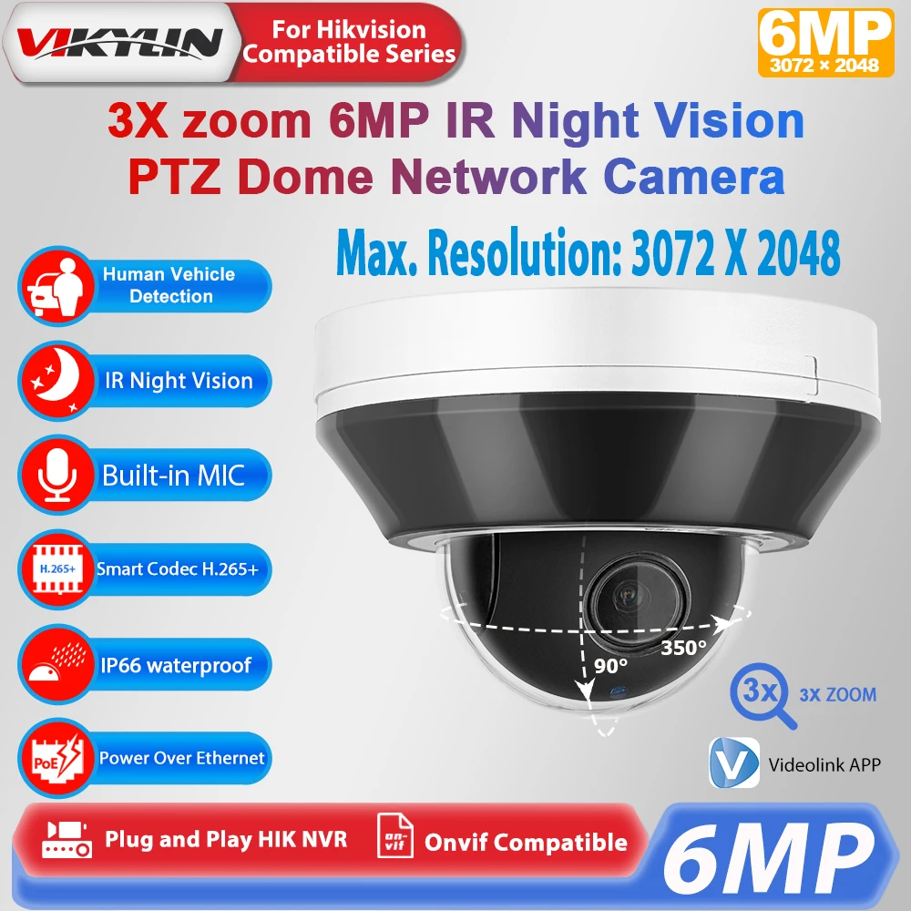 Vikylin 6MP Dome PTZ Camera 3X Zoom MIC Human/Vehicle Detection IR Night Vision POE IP66 Outdoor Security Surveillance Camera 