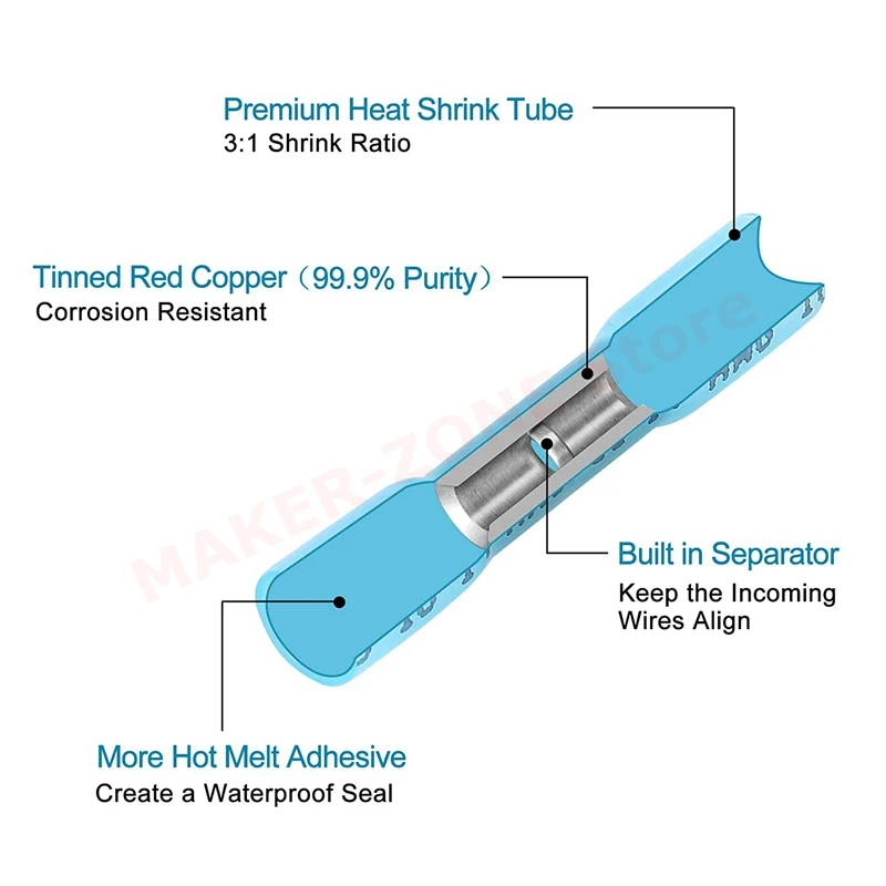 30Pcs BHT2 Heat Shrink Butt Connectors Blue 16-14 AWG - Electrical Connectors Kit utomotive Marine Crimp Connectors