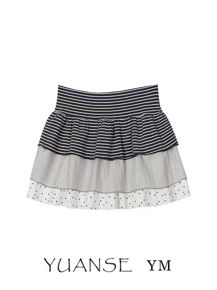 High Waist A-Line  Skirt Women's Summer Pleated Stripe Splice Cake Skirt Korean Sle Baking Sweet ort Skirt