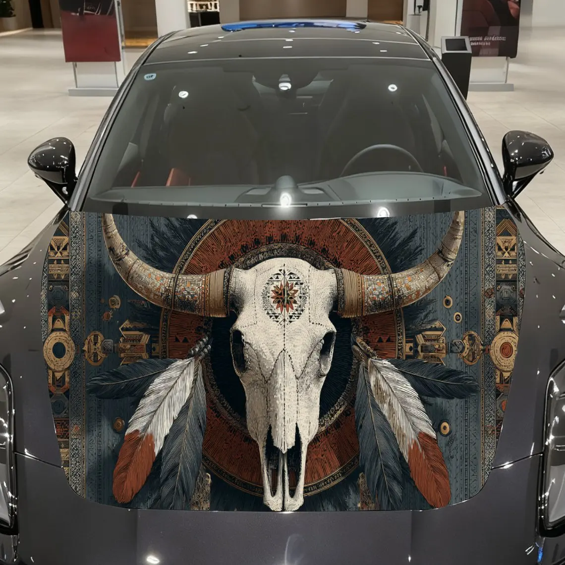 Majestic Bohemian Bull Skull Car Cover Sticker, Auto Hood Decal, Car Exterior Scratch Resistant Decal, Trendy Gift for Car Lover